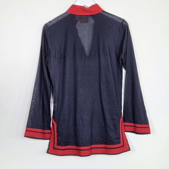 Tory Burch Long Sleeve Navy and Red V-Neck Cotton Side Zip Tunic Blouse Top 4 - Picture 10 of 10